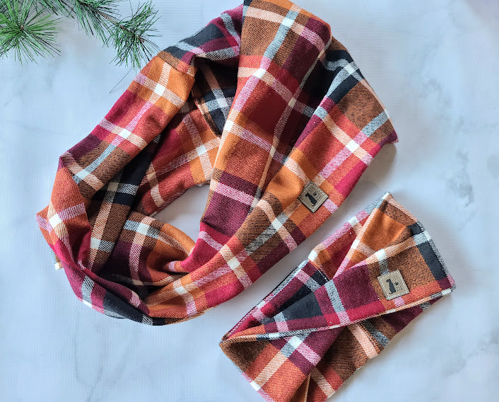 Cinnamon Plaid Flannel Infinity Scarf - Twisted Winter Scarf - Matching Pawrent Scarf - Dog Parent