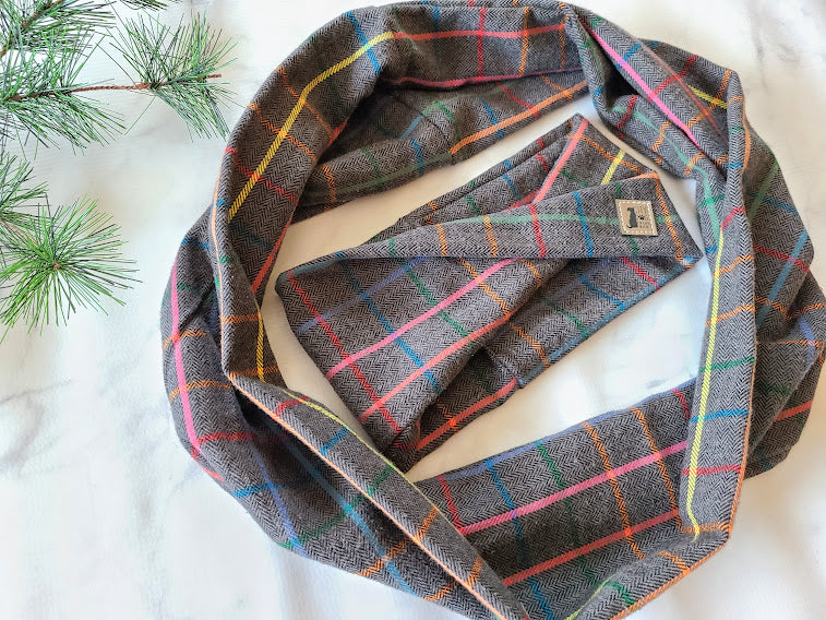 Charcoal Rainbow Flannel Infinity Scarf - Twisted Winter Scarf - Matching Pawrent Scarf - Dog Parent